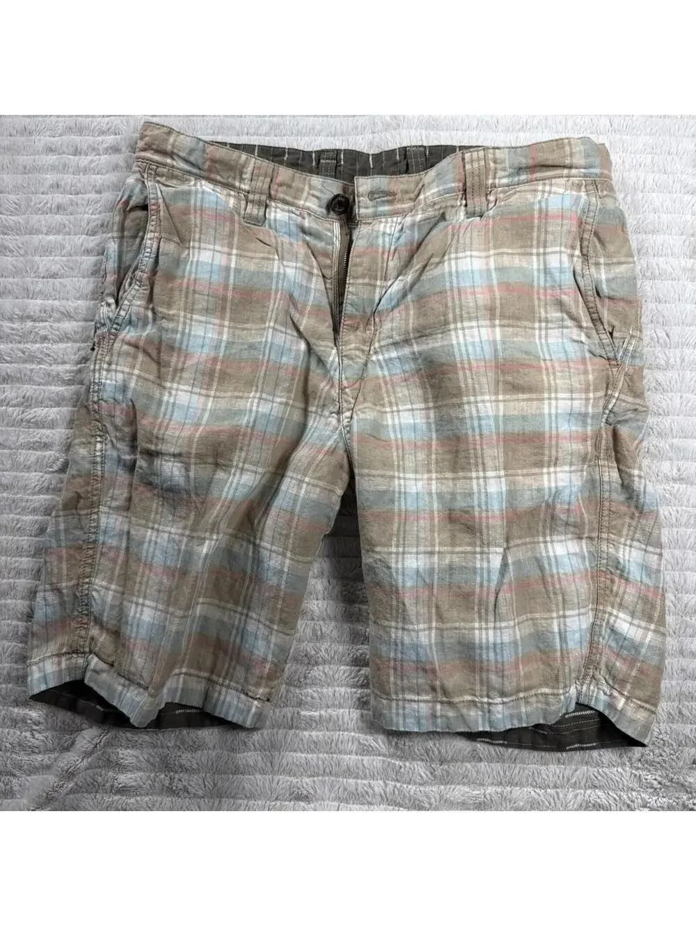 Tommy Bahama Shorts Mens‎ 32x9” Beige Plaid Reversible Green 100% Linen Summer